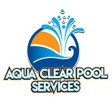Logo for Aqua Clear Pool Services: Blue, orange, and white design with water splash over text.