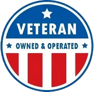 A circular emblem with patriotic colors. Reads
