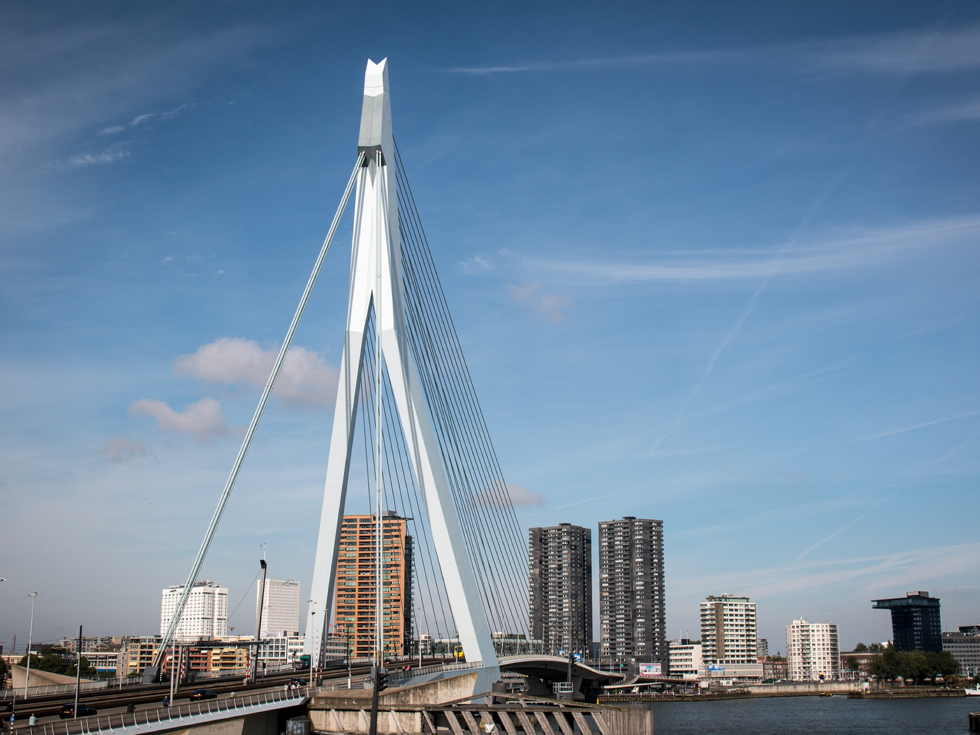 een brug over een watermassa met een stad op de achtergrond.