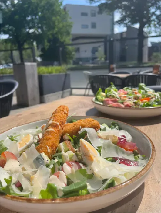 Salade met gebakken kip, eieren en kaas op een houten tafel, andere salade op de achtergrond, buitenomgeving.