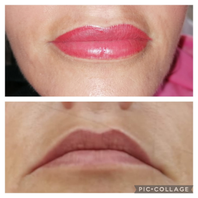 Ein Vorher-Nachher-Bild der Lippen einer Frau mit rosa Lippenstift