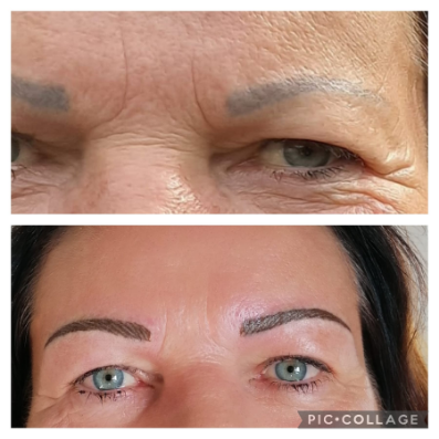 Ein Vorher-Nachher-Bild der Augenbrauen einer Frau.