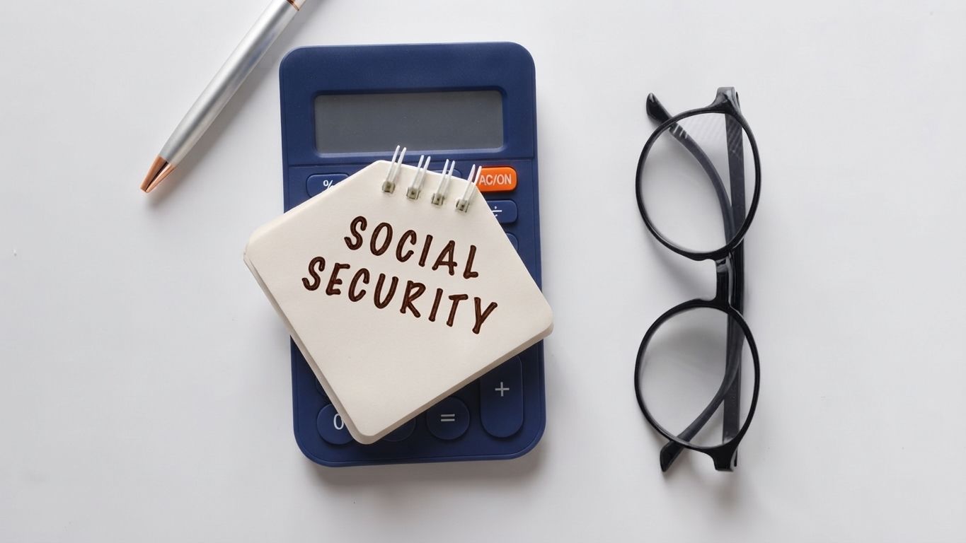 Calculator with sticky note reading “SOCIAL SECURITY TAX,” pen, and eyeglasses on a white desk.