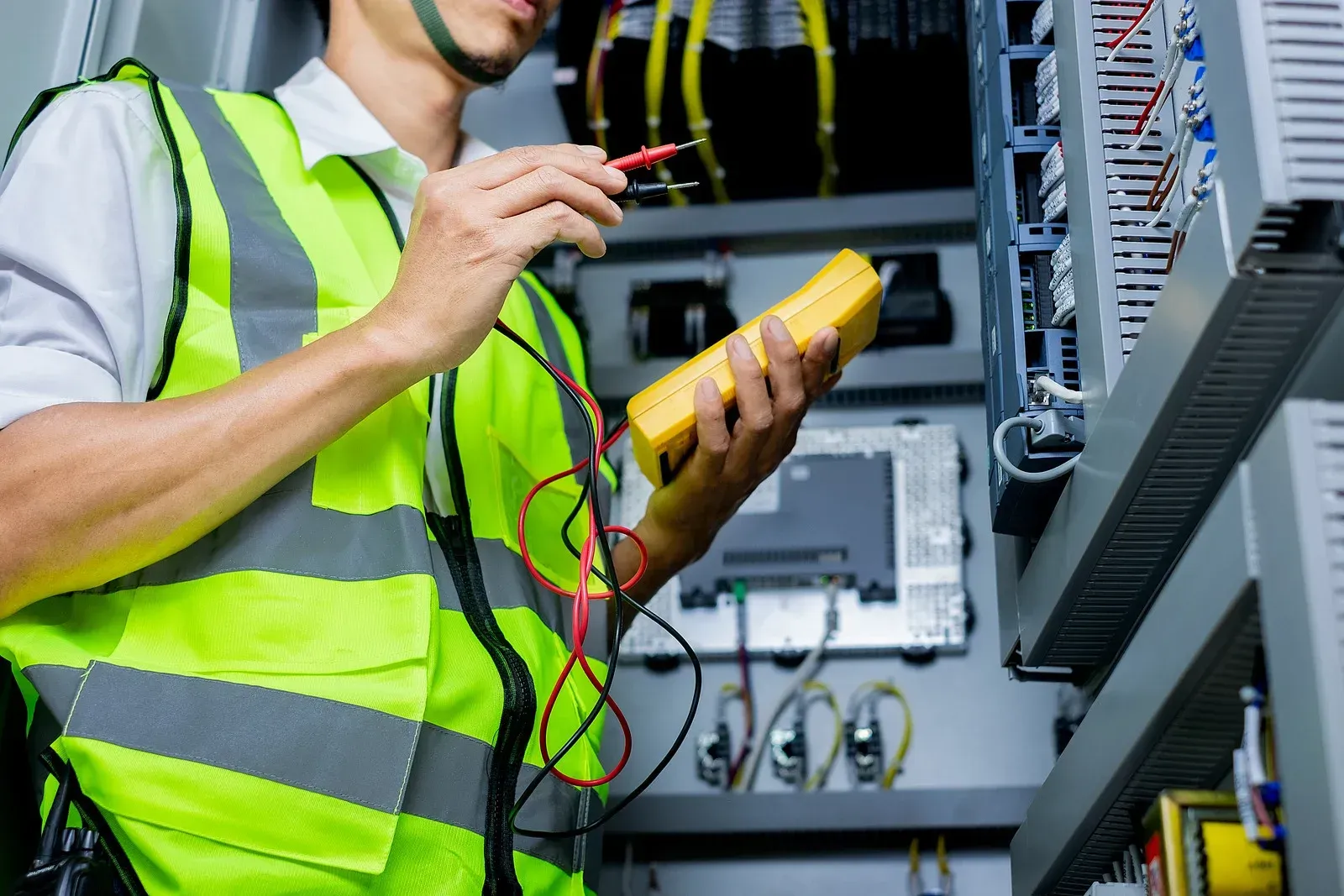 A man in a yellow vest is holding a voltage meter.