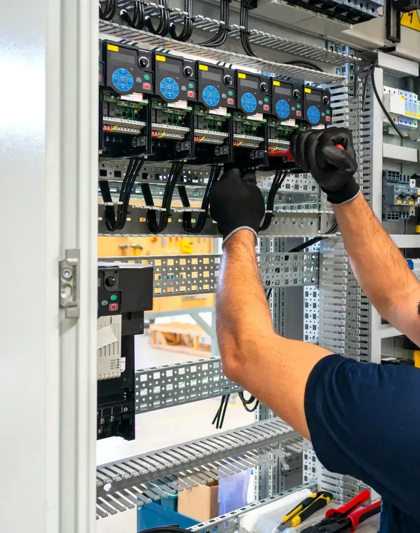 A man is working on a electrical box in a factory.