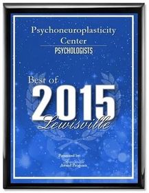 Blue framed “Best of 2015 Lewisville” award for Psychoneuroplasticity Center Psychologists.