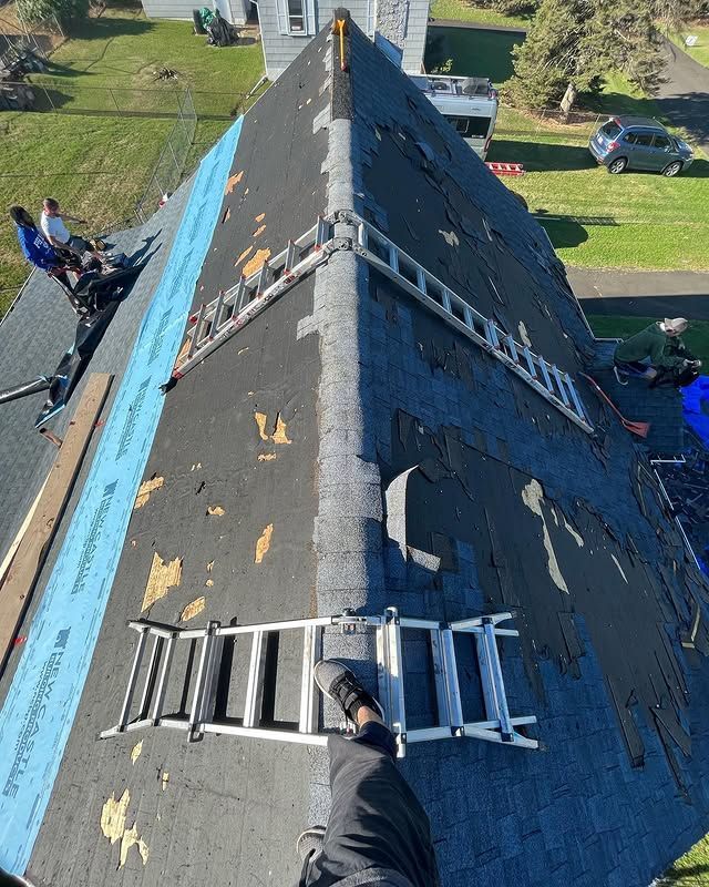 A person is standing on top of a roof with a ladder attached to it.