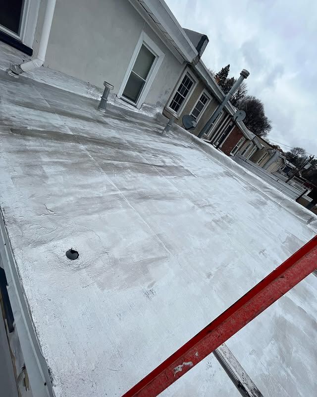 A white roof with a red ladder in front of it.