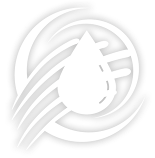 White stylized emblem featuring a teardrop shape inside a circle, with curved lines and streaks.