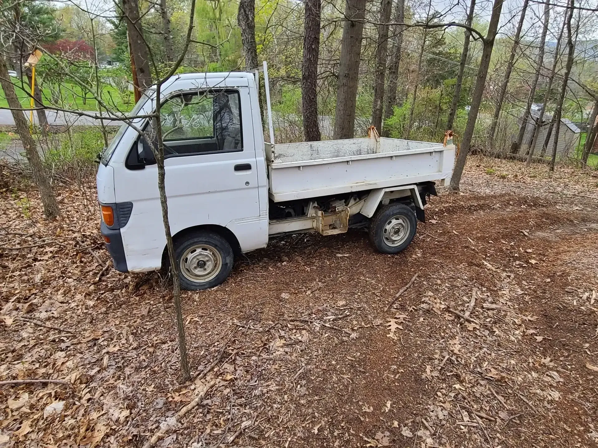 A small white Japanese Kei truck parked in a wooded area covered in fallen leaves.