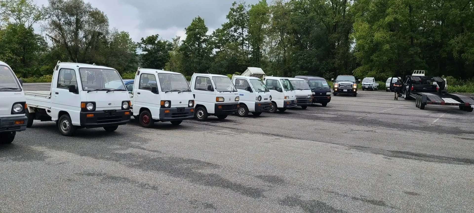 A row of white Kei trucks parked on a gravel lot under a cloudy sky, with trees visible in the background.