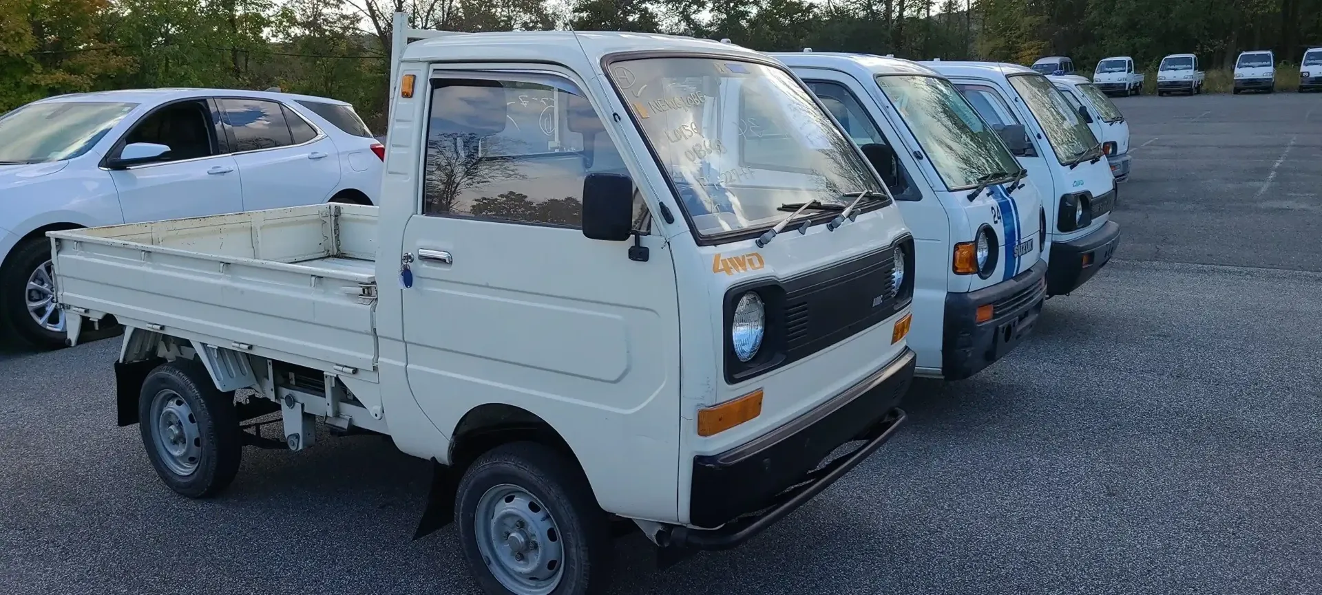 A row of white Kei trucks parked in a gravel lot next to a white SUV.