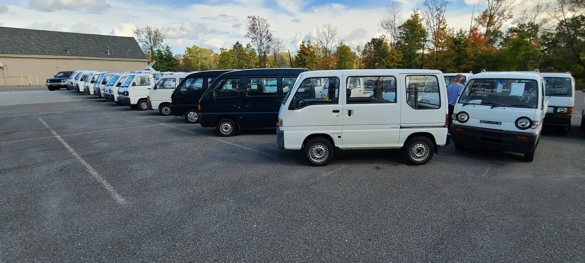 A row of white and black kei vans parked on a gravel lot under a cloudy sky.