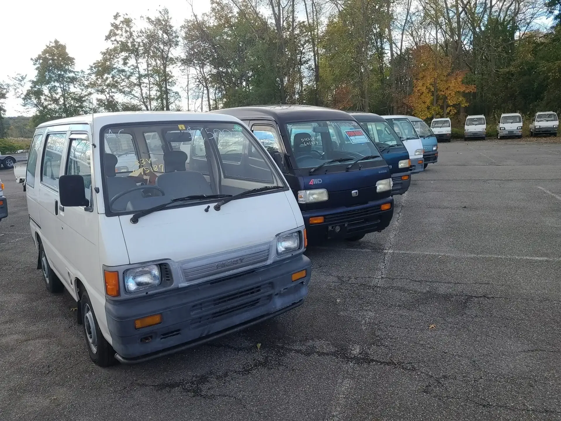 A row of small, boxy kei vans, starting with a white one, parked in a gravel lot against a backdrop of trees.