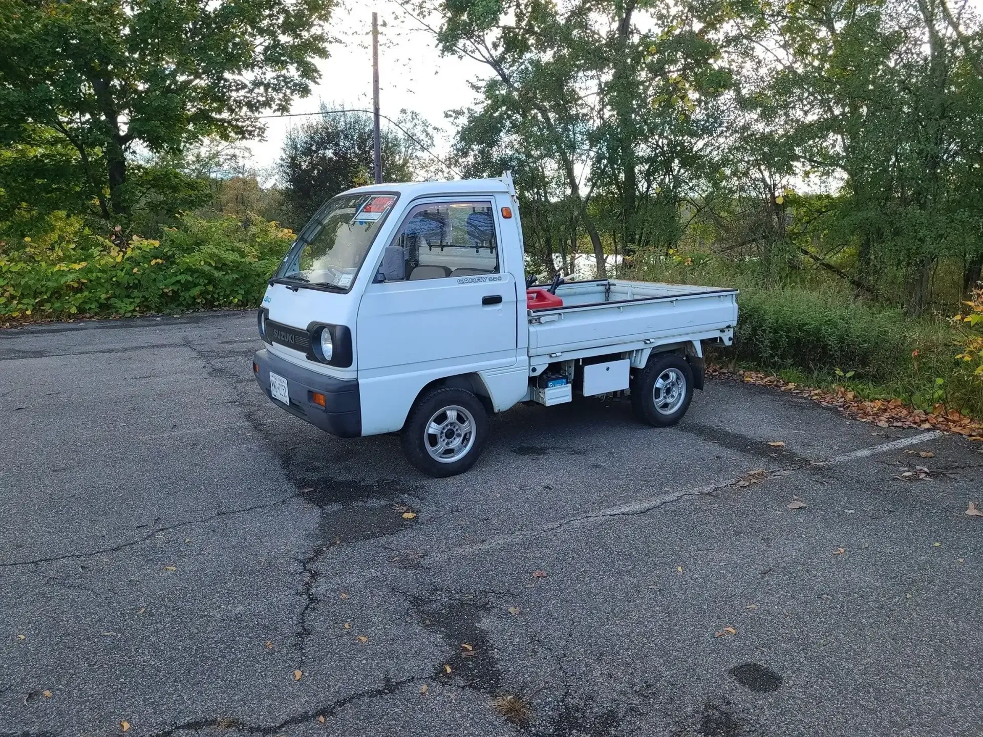 A white kei truck parked on a gravel surface outdoors with trees in the background.