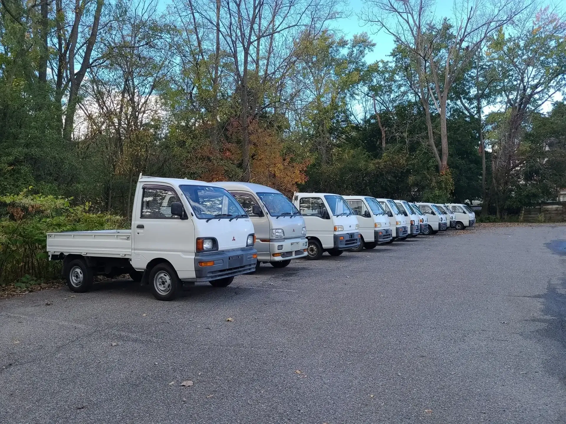 A row of white Kei trucks parked in a gravel lot against a backdrop of trees.