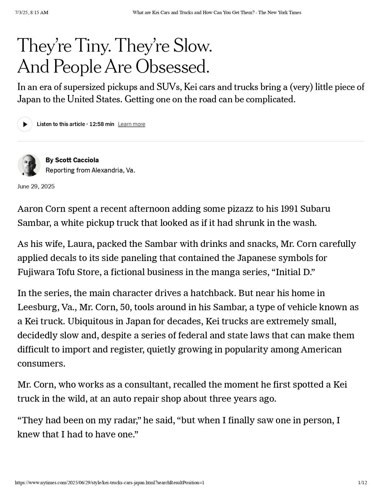 The title and opening paragraphs of a New York Times article titled 