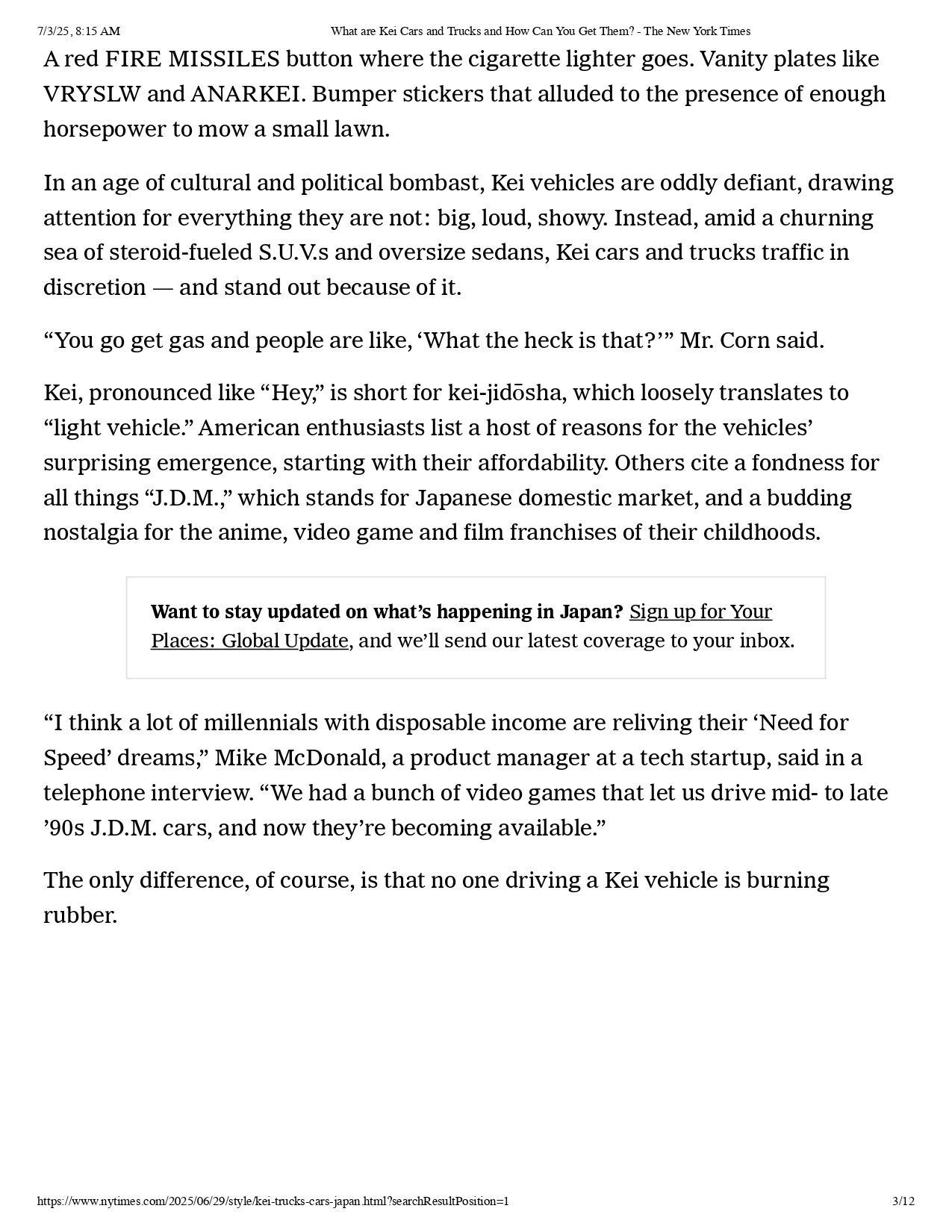 A page of text describing the rising popularity of vintage Japanese vehicles in the United States.