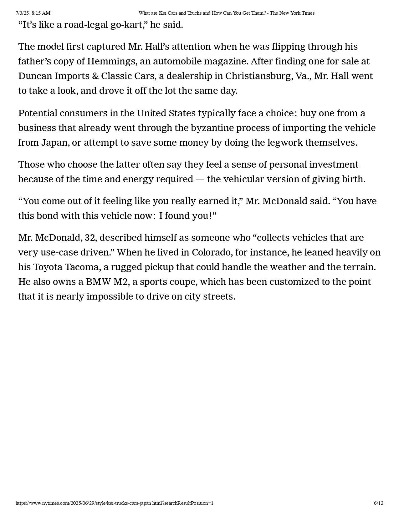 A page of text describing a person’s experience with purchasing and driving unique vehicles.