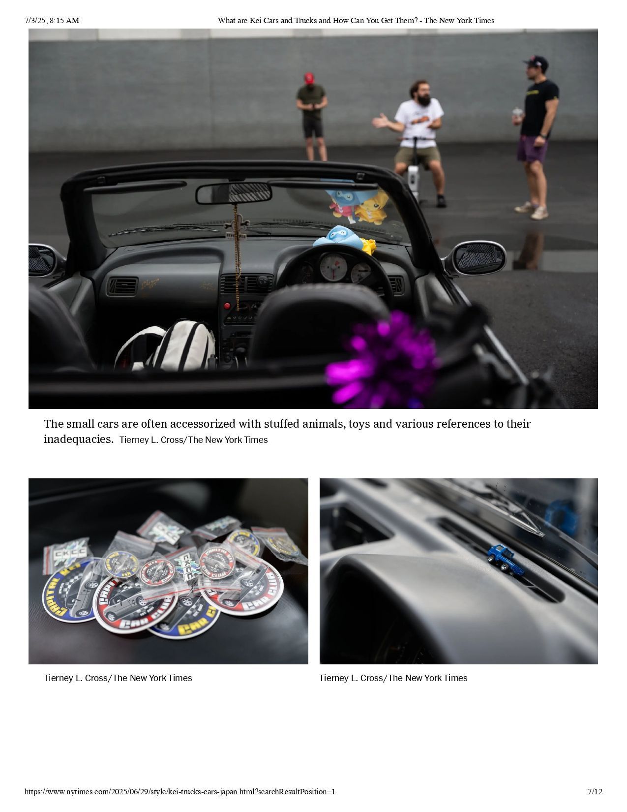 View from a car interior showing three people standing outside, with close-ups of stickers and a car interior detail.