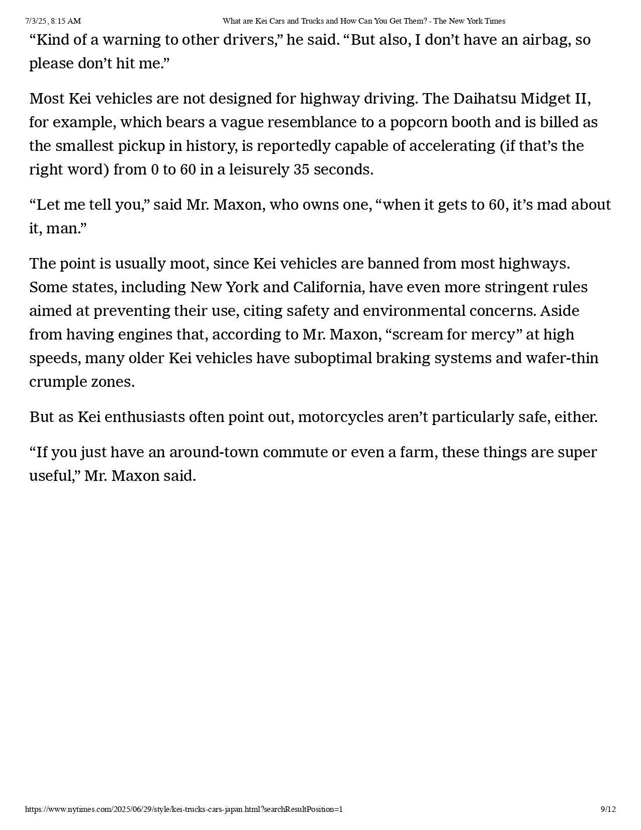 Text discussing safety concerns and highway usage of small Kei vehicles, including quotes from a Mr. Mason.