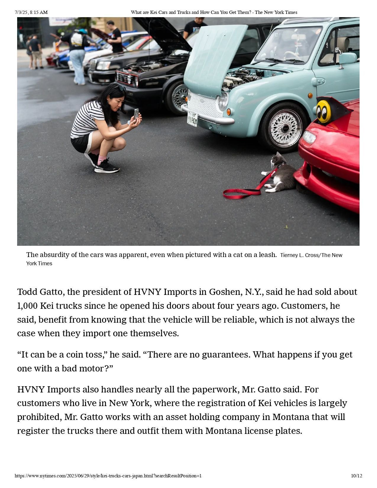 A person crouches to photograph a cat on a leash near parked cars at an outdoor vehicle meet.