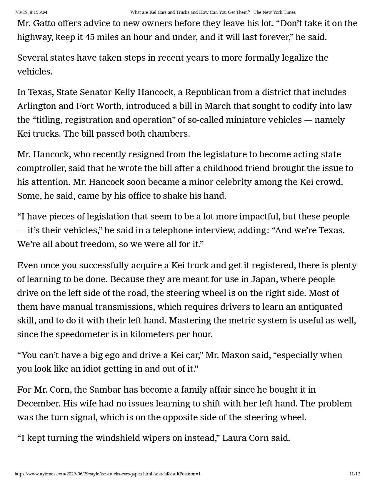 A page of text describing the legalization and operation of imported Japanese Kei trucks.