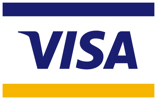 The Visa logo featuring blue letters with a dark blue horizontal bar above and a yellow horizontal bar below.