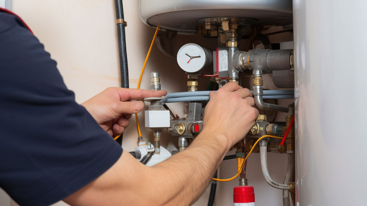 A plumber is standing in a kitchen holding a drill and pliers.