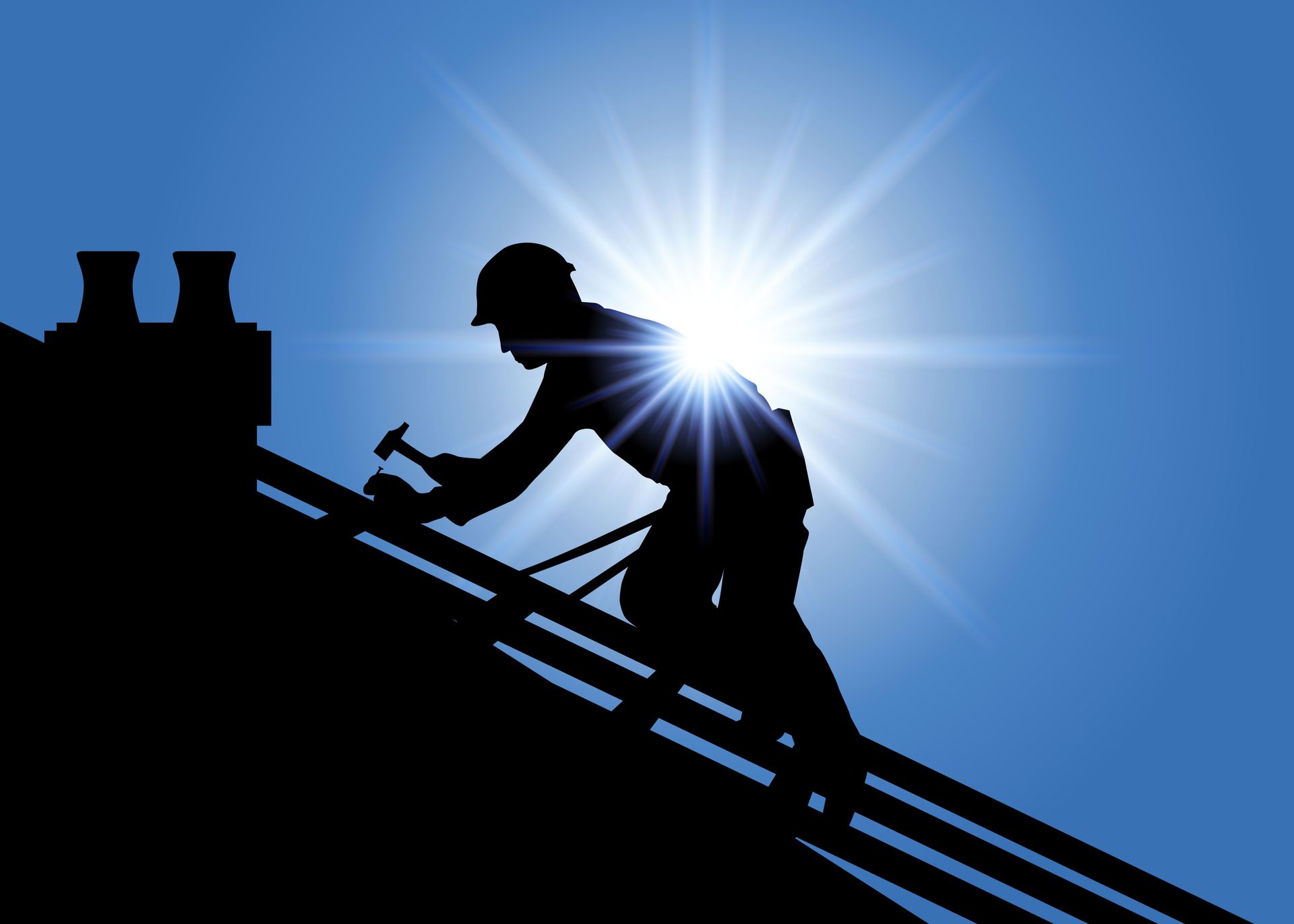 Construction worker silhouette hammering on a roof with bright sunburst backdrop.