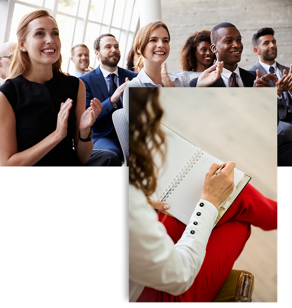 A group of people are clapping and a woman is writing in a notebook