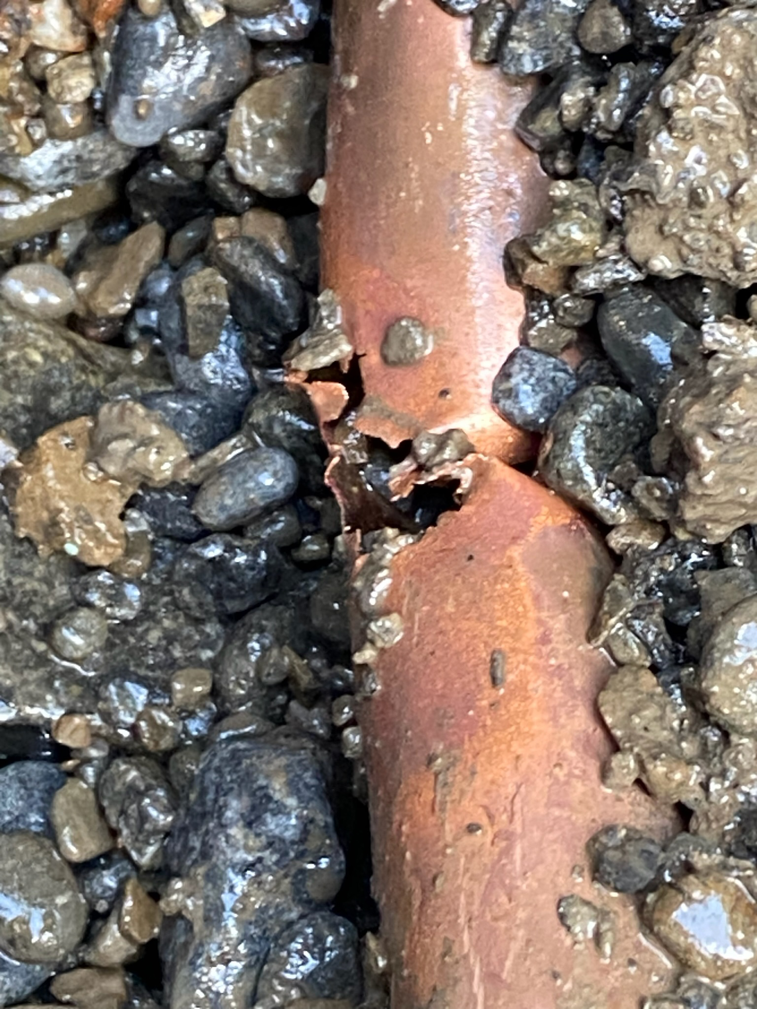 A copper pipe with a hole in it is sitting on top of a pile of rocks.