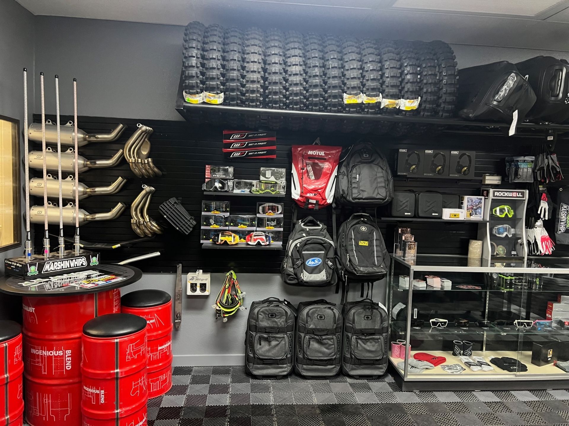 A store filled with lots of bags and tires.