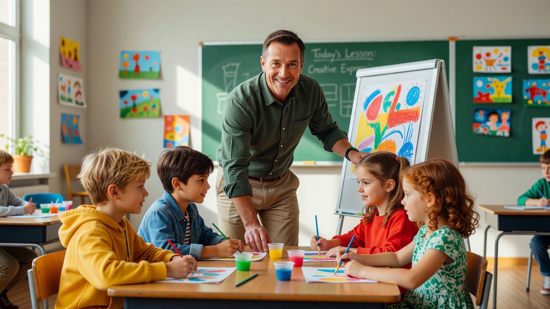 Male teacher guiding young children drawing in school classroom, education and creative development.