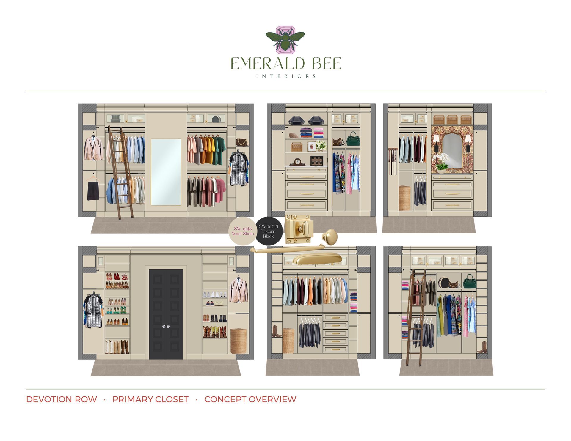 Custom closet with built-in cabinetry, rolling ladder, and hidden jewelry storage by Emerald Bee Interiors for Devotion Row.