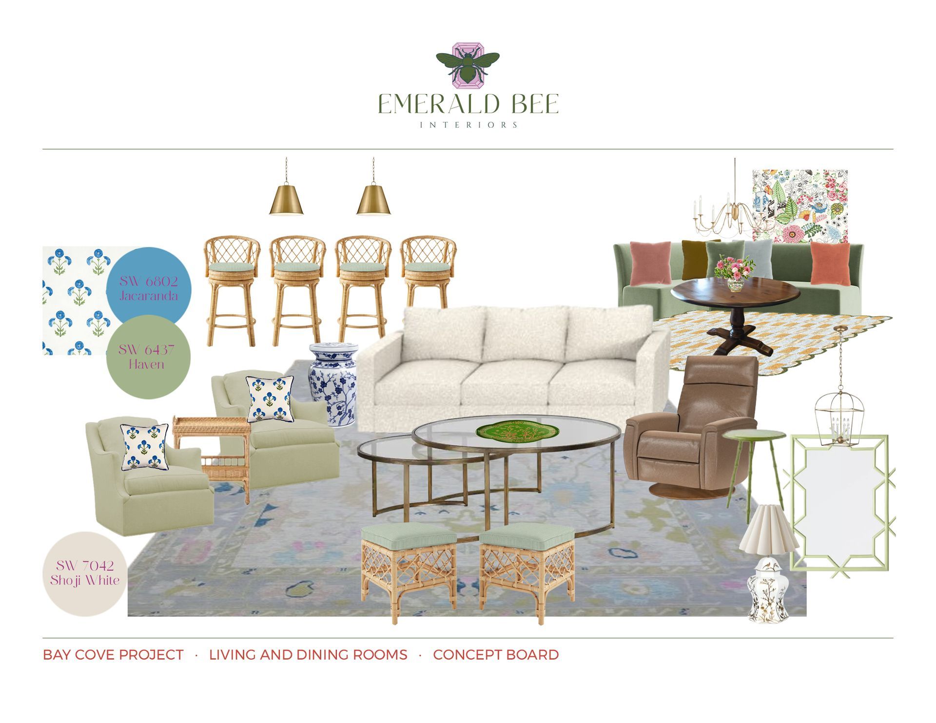 Interior design mood board with furniture and decor in pastel colors.