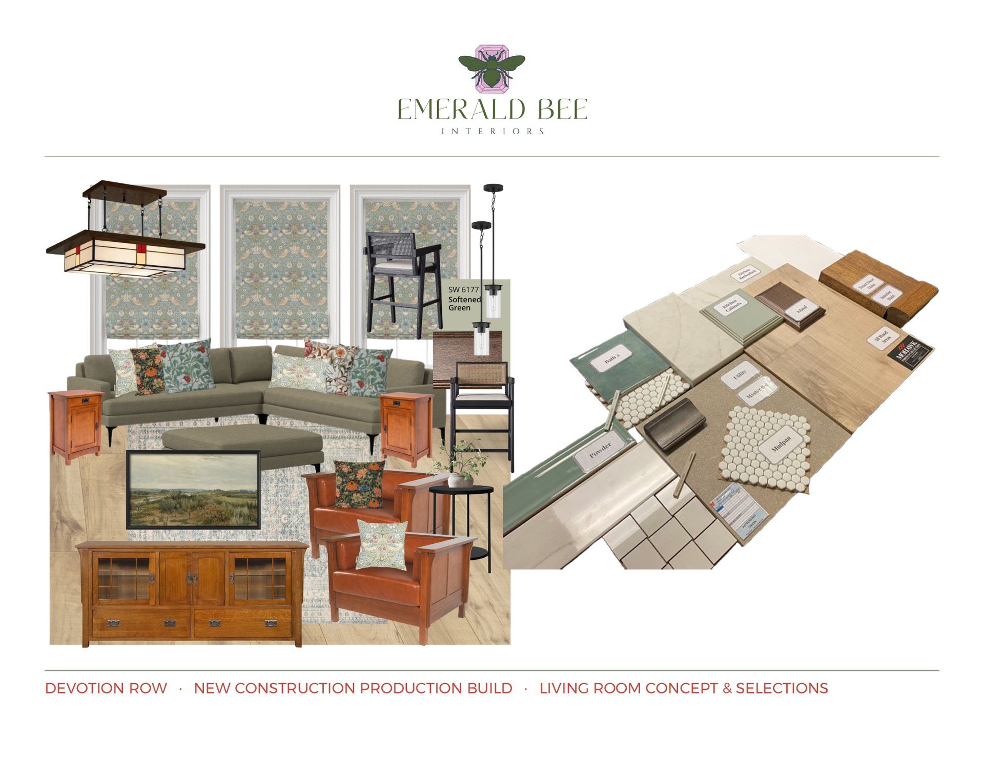 Design concept: living room with furniture, decor, and material samples. Earth tones, greens, wood tones.