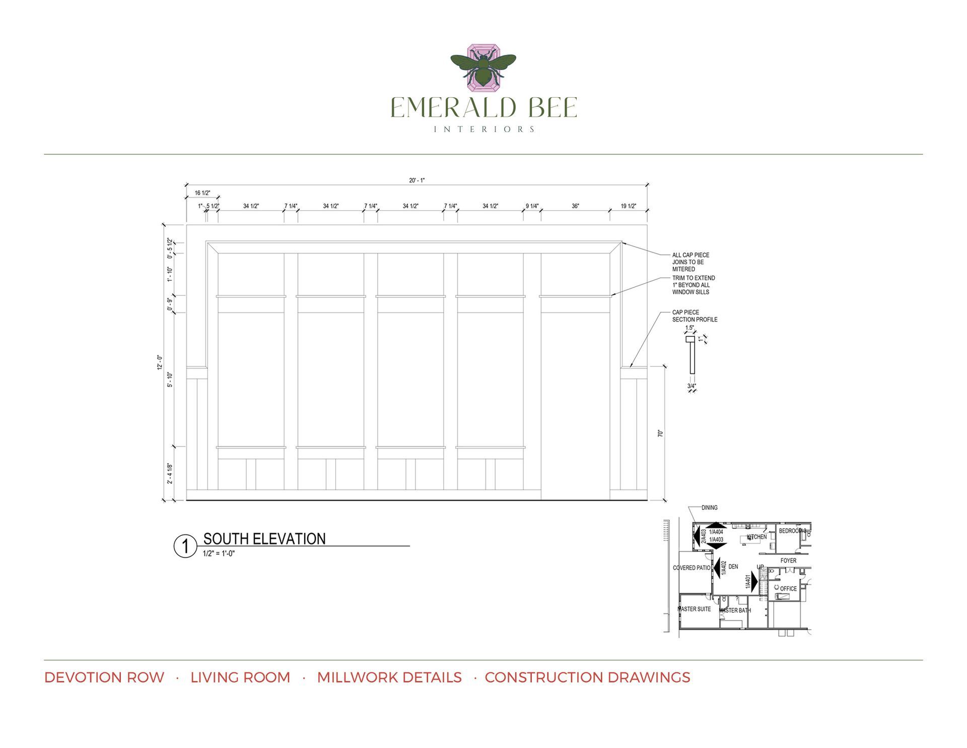 Floor plan of a room with dimensions, and a small floor plan of the whole house in the lower right corner.