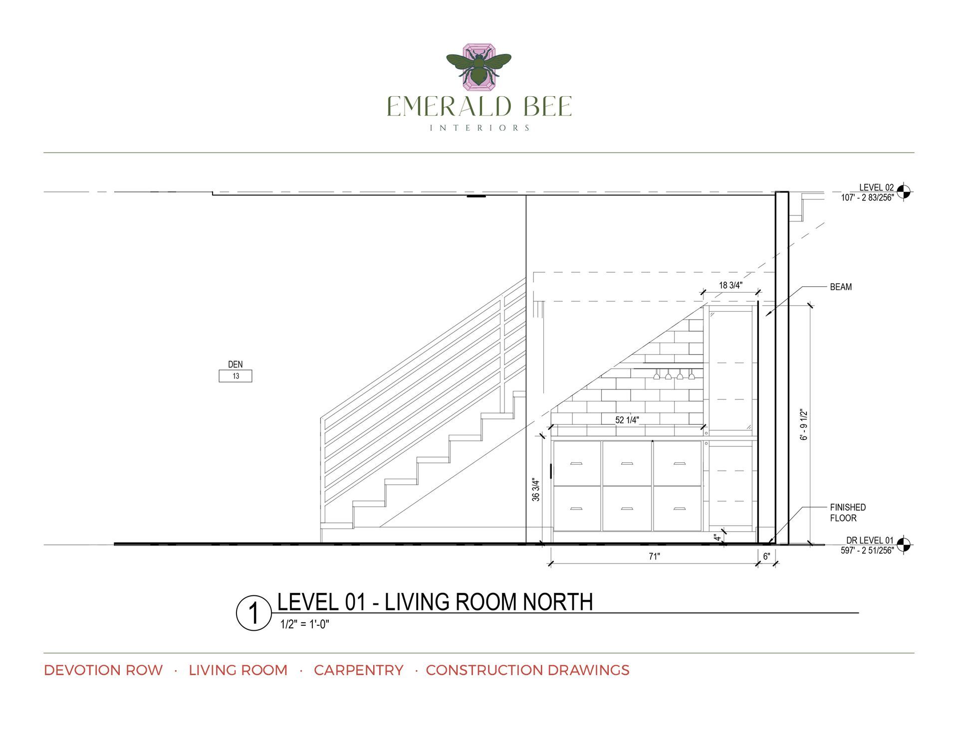 Architectural drawing: Staircase elevation with storage beneath, labeled dimensions.