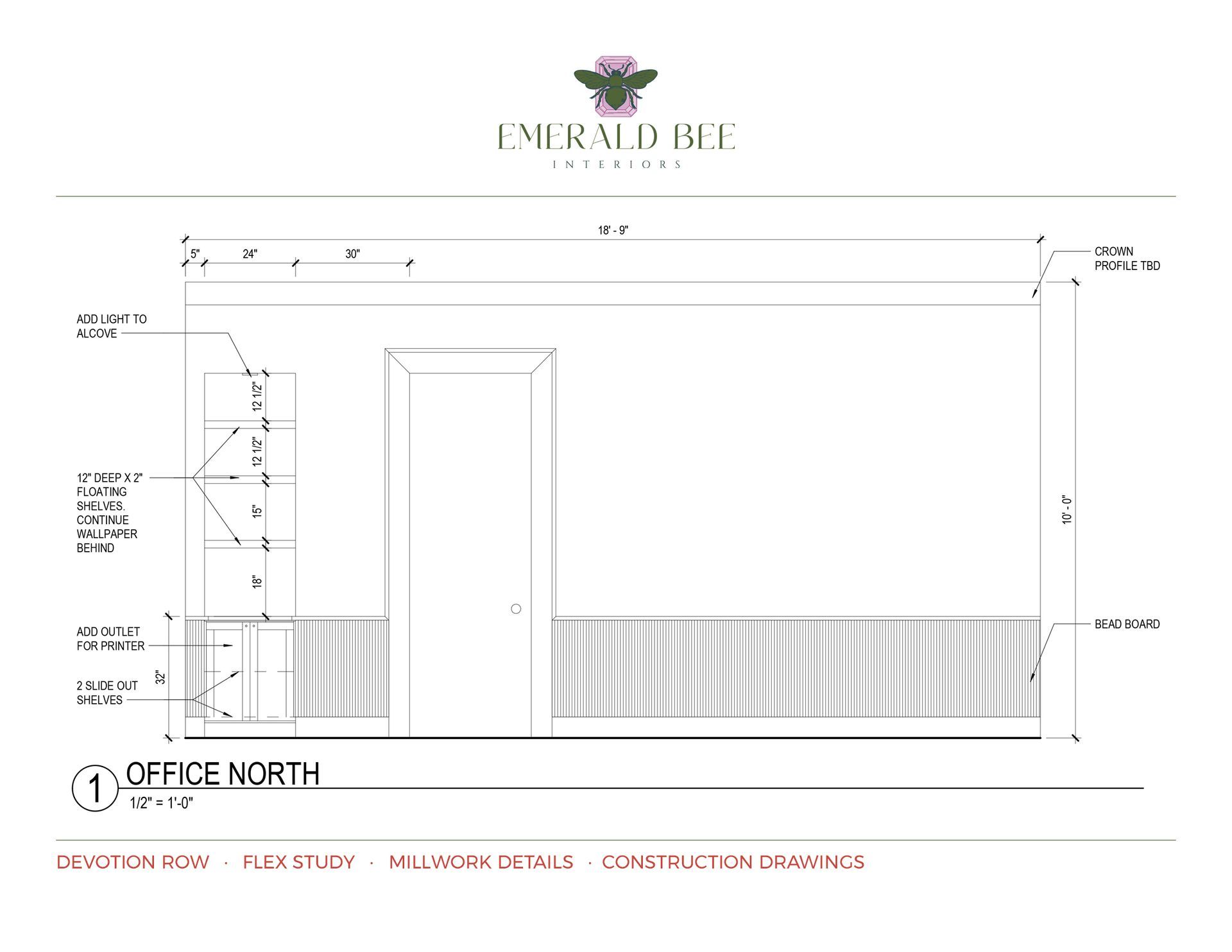 A detailed architectural elevation drawing of a wall with a railing and built-in shelving.
