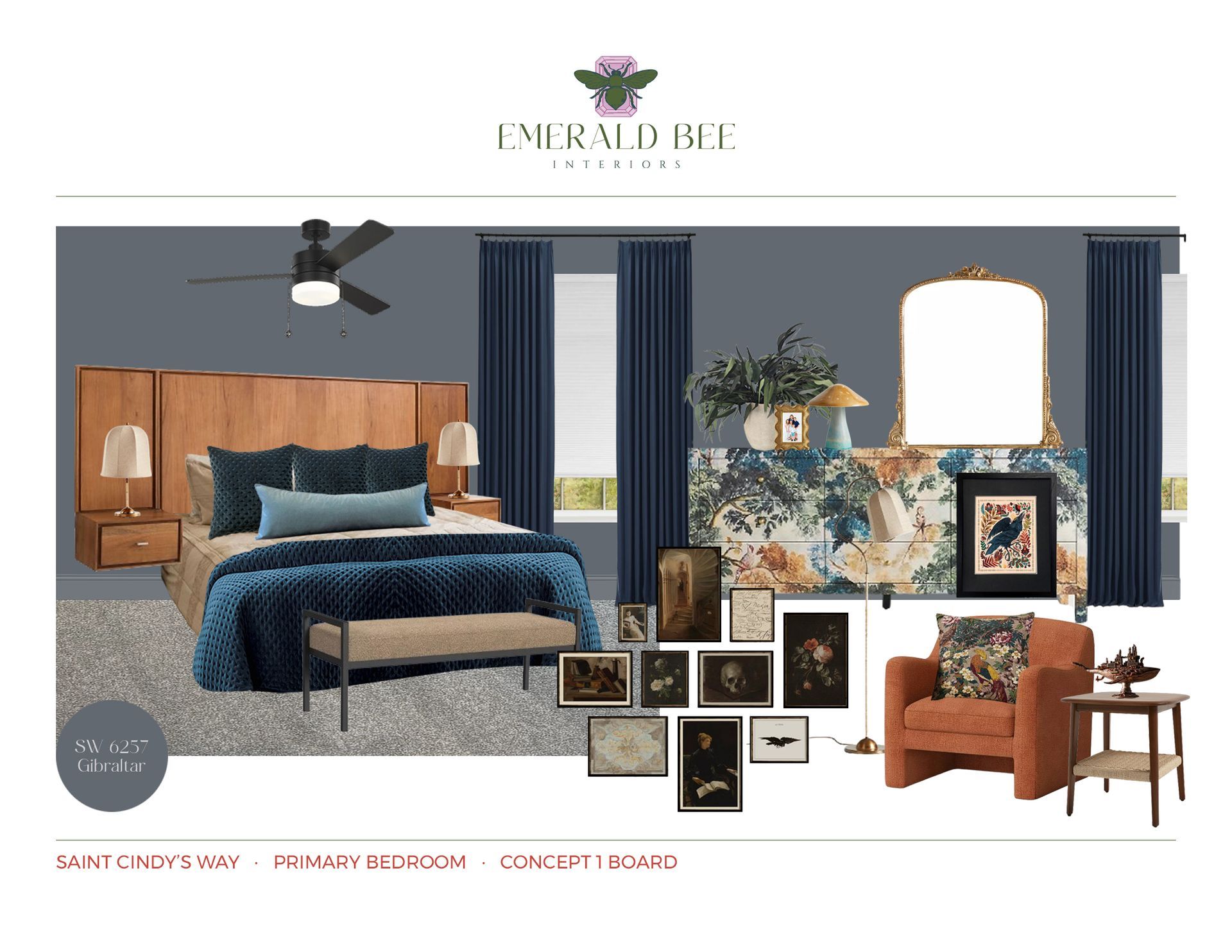 Moody primary bedroom concept with statement furnishings by Emerald Bee Interiors.