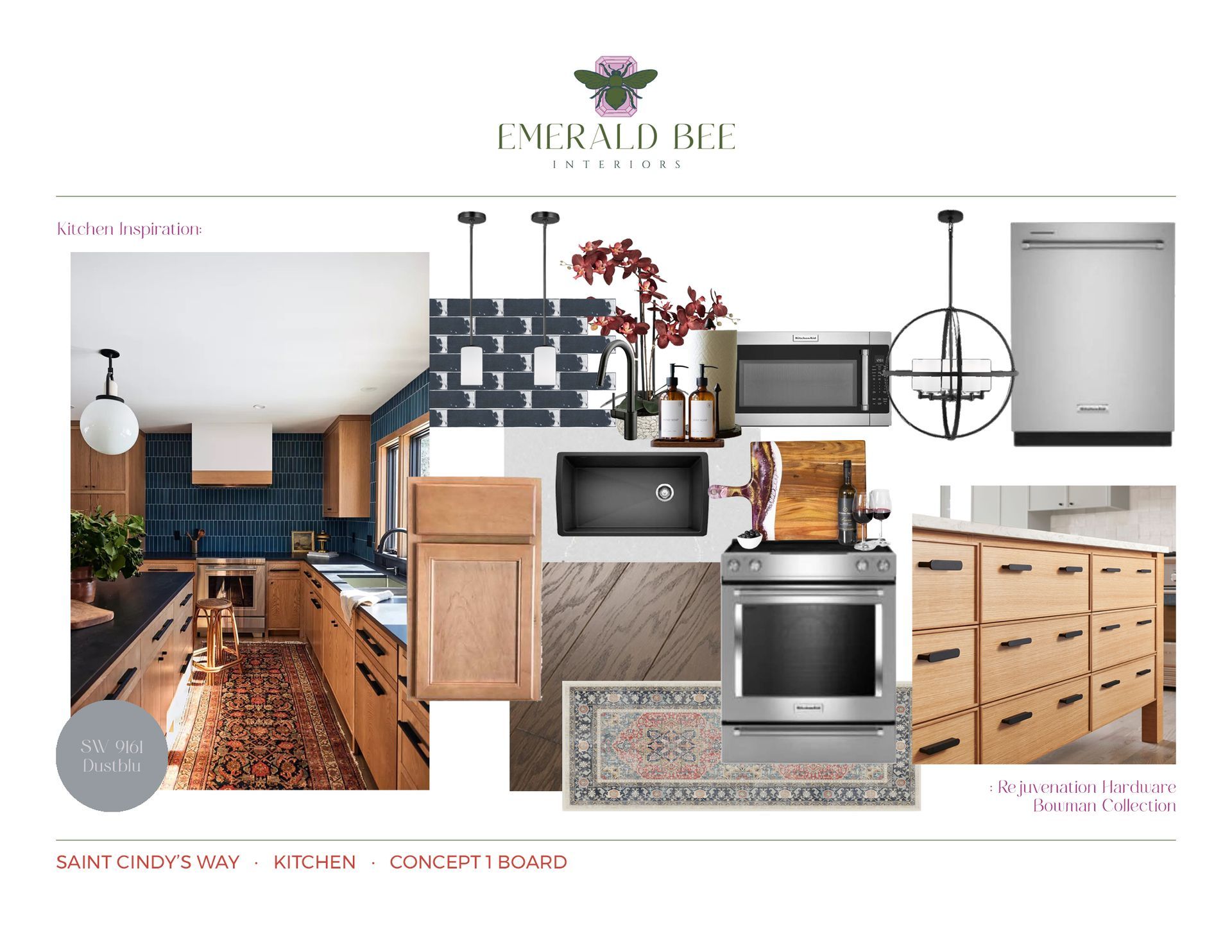 Kitchen concept with mixed wood cabinetry, quartz counters, and modern pendants by Emerald Bee Interiors for St. Cindy’s Way.