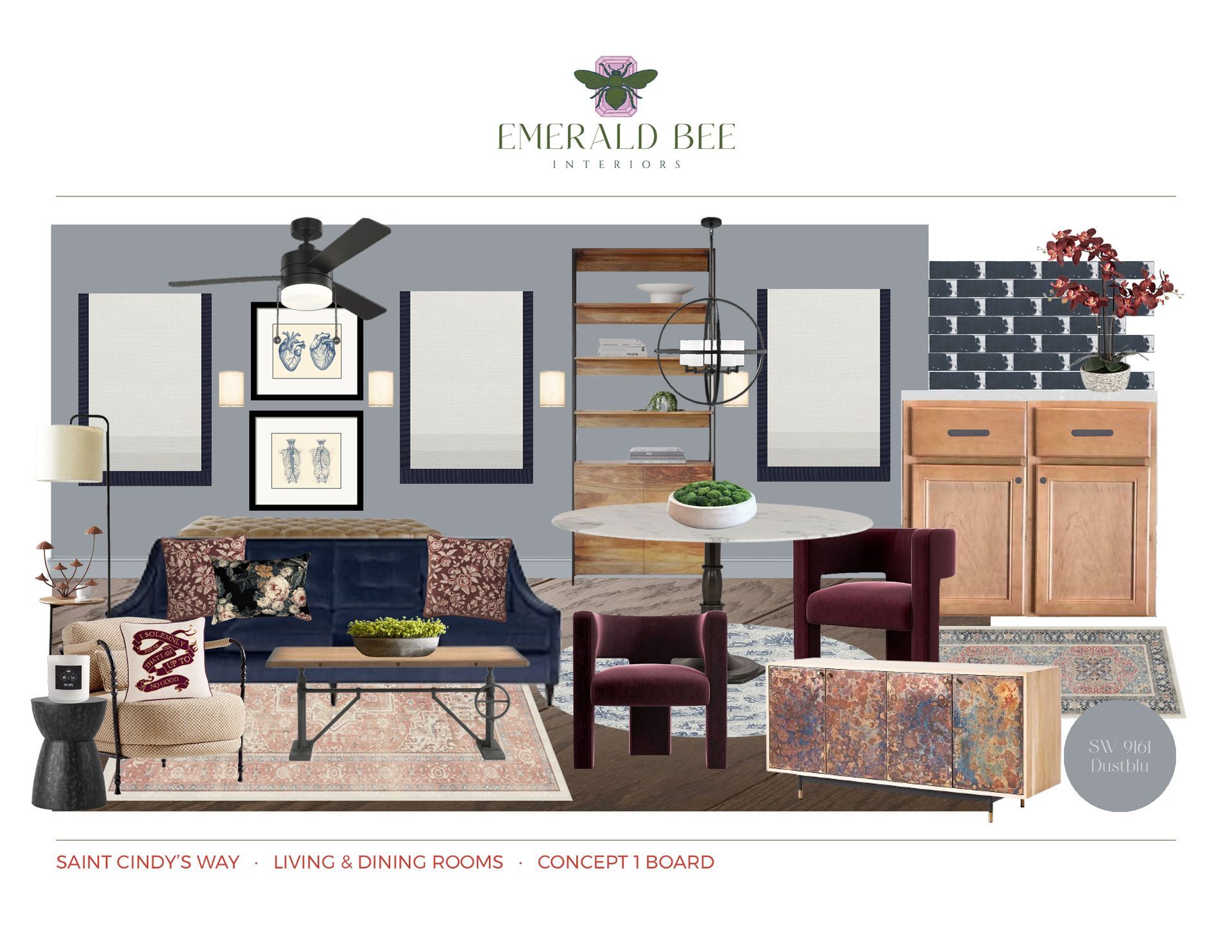 Open living and dining design concept with transitional furnishings and natural textures by Emerald Bee Interiors.