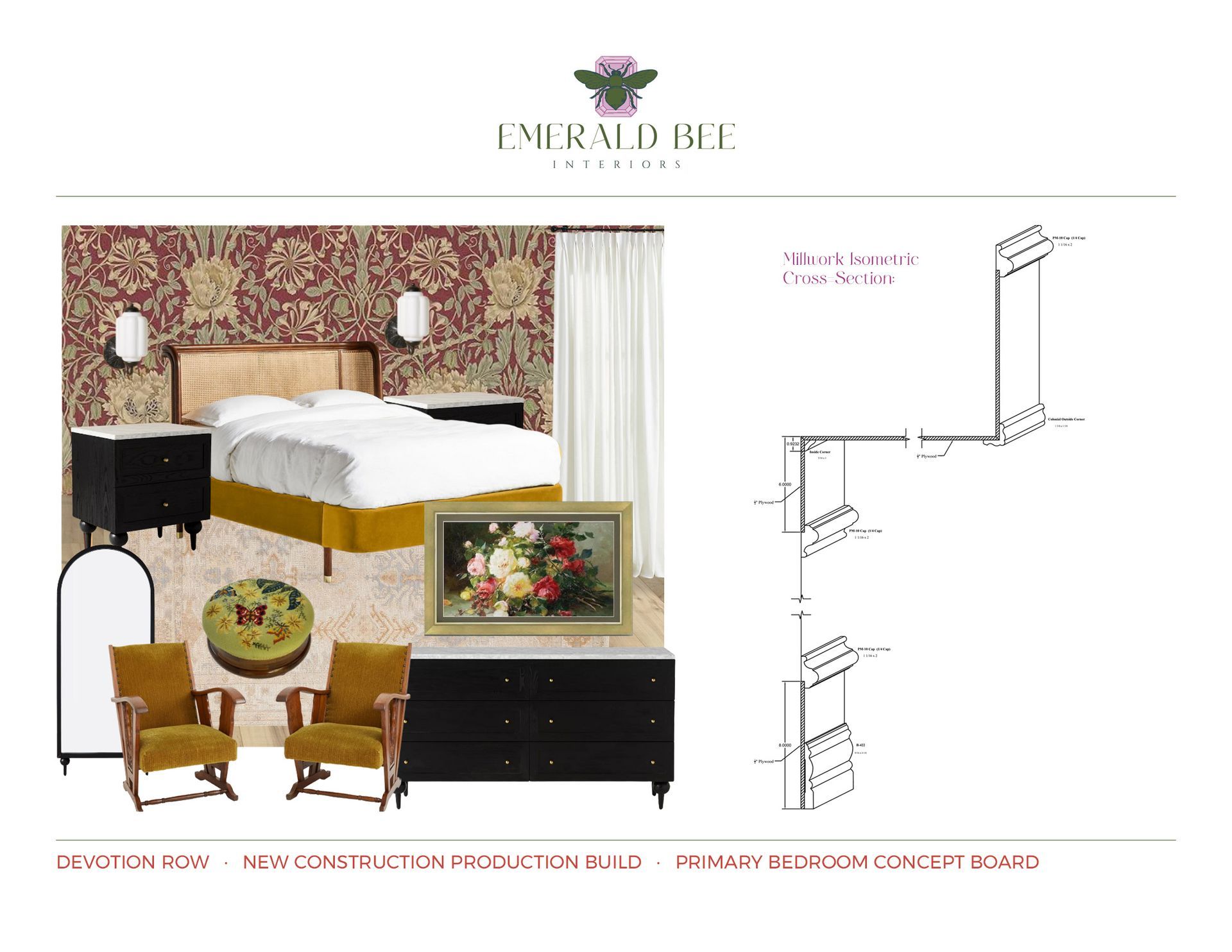 Bedroom concept board including floral wallpaper, black and yellow accents. Custom millwork detail by Emerald Bee Interiors.