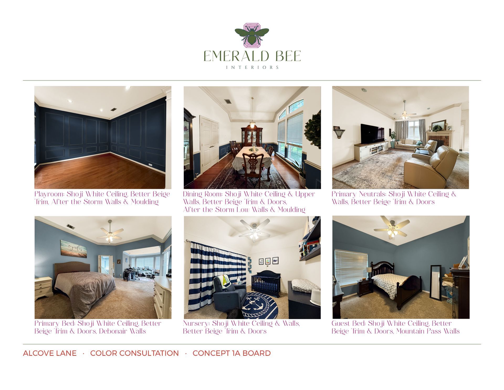Visualization alternatives of updated color palette for Alcove Lane by Emerald Bee Interiors.
