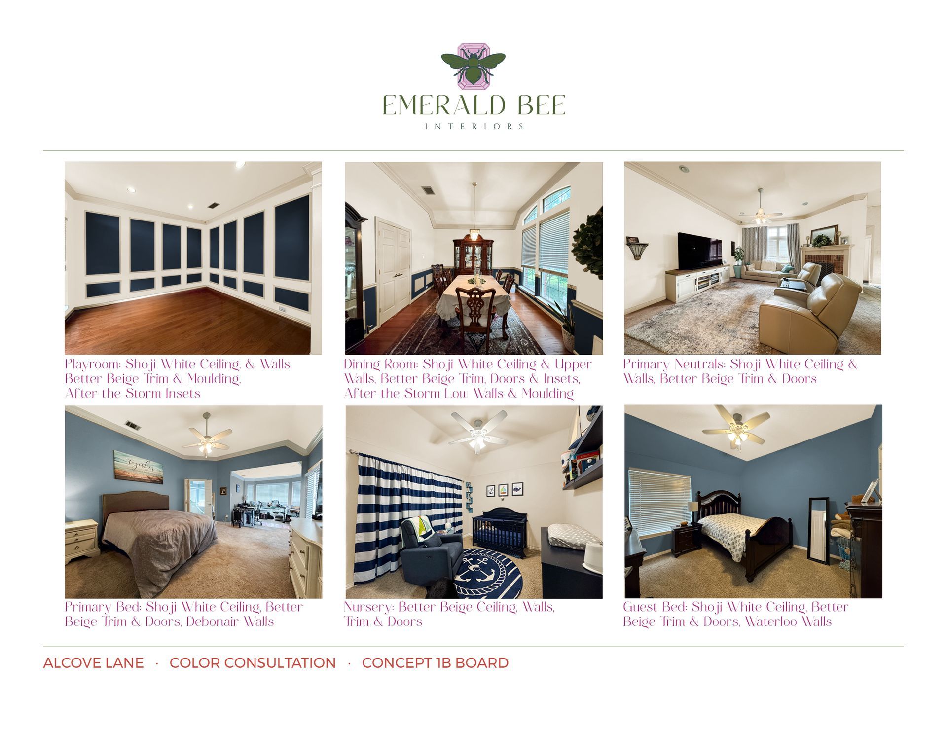 Visualization alternatives of updated color palette for Alcove Lane by Emerald Bee Interiors.
