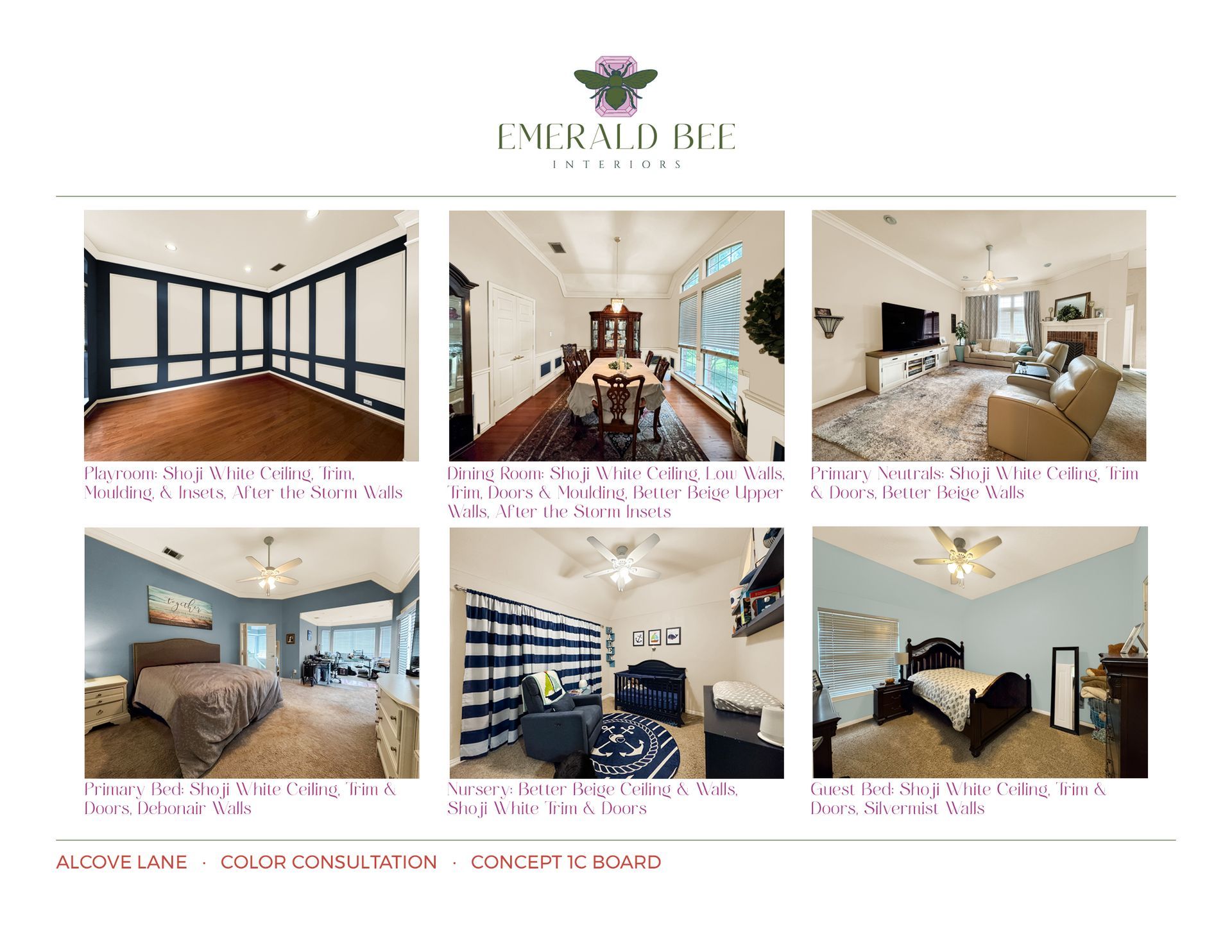 Visualization alternatives of updated color palette for Alcove Lane by Emerald Bee Interiors.
