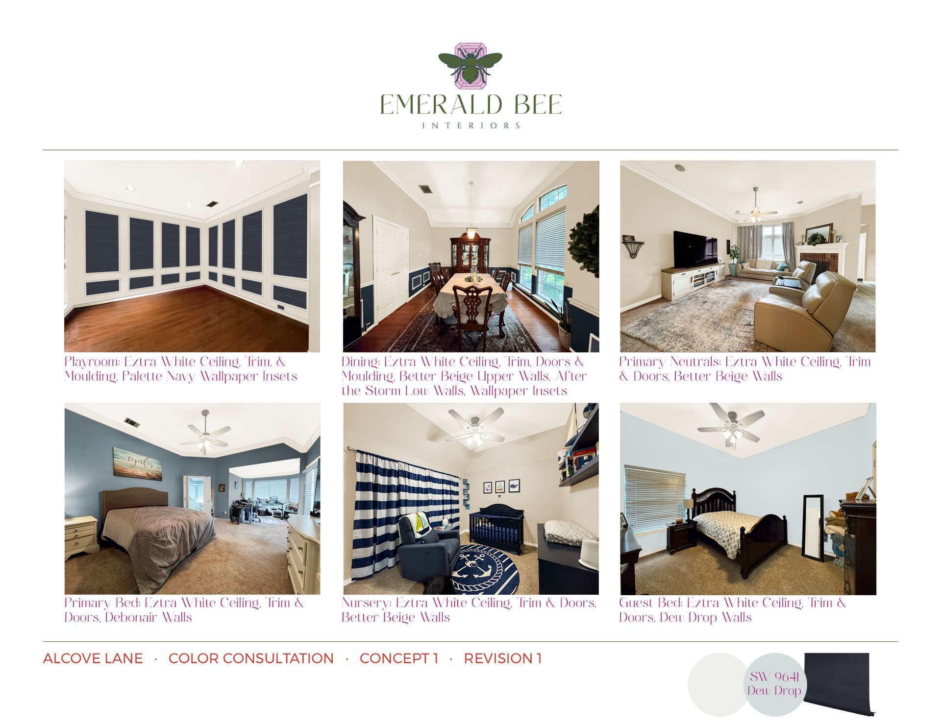 Visualization alternatives of updated color palette for Alcove Lane by Emerald Bee Interiors.