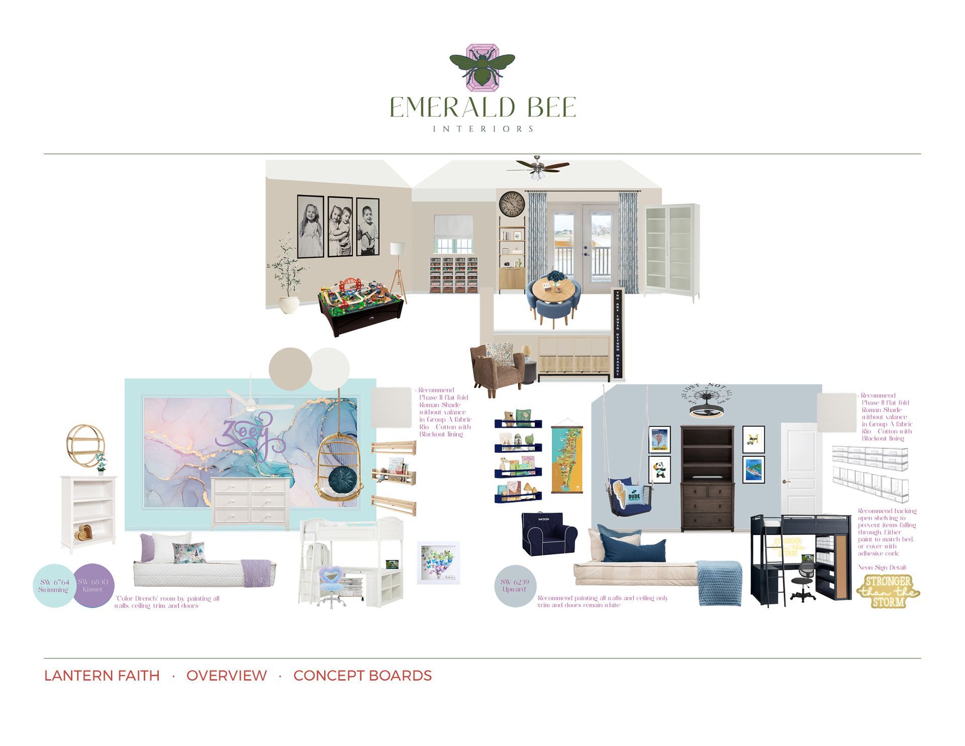 Children’s game room and bedroom concepts with playful patterns, color palettes, and custom storage by Emerald Bee Interiors.
