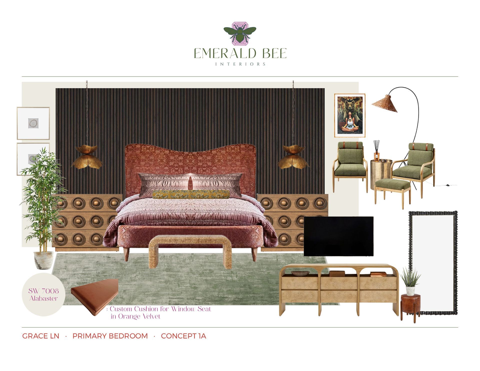 Primary bedroom concept with wood slat wall, upholstered bed, and layered earth tones by Emerald Bee Interiors for Grace Lane